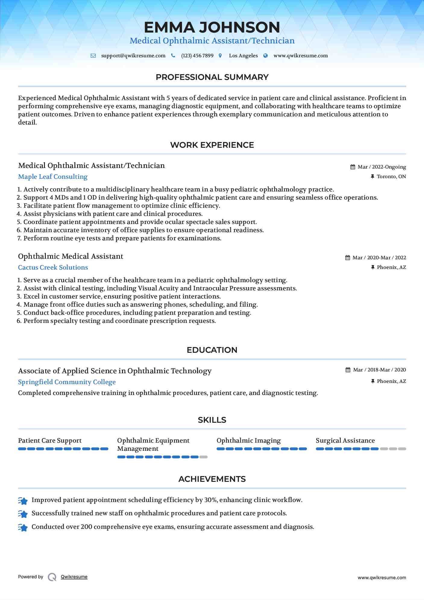 Medical Ophthalmic Assistant/Technician
 Resume Example