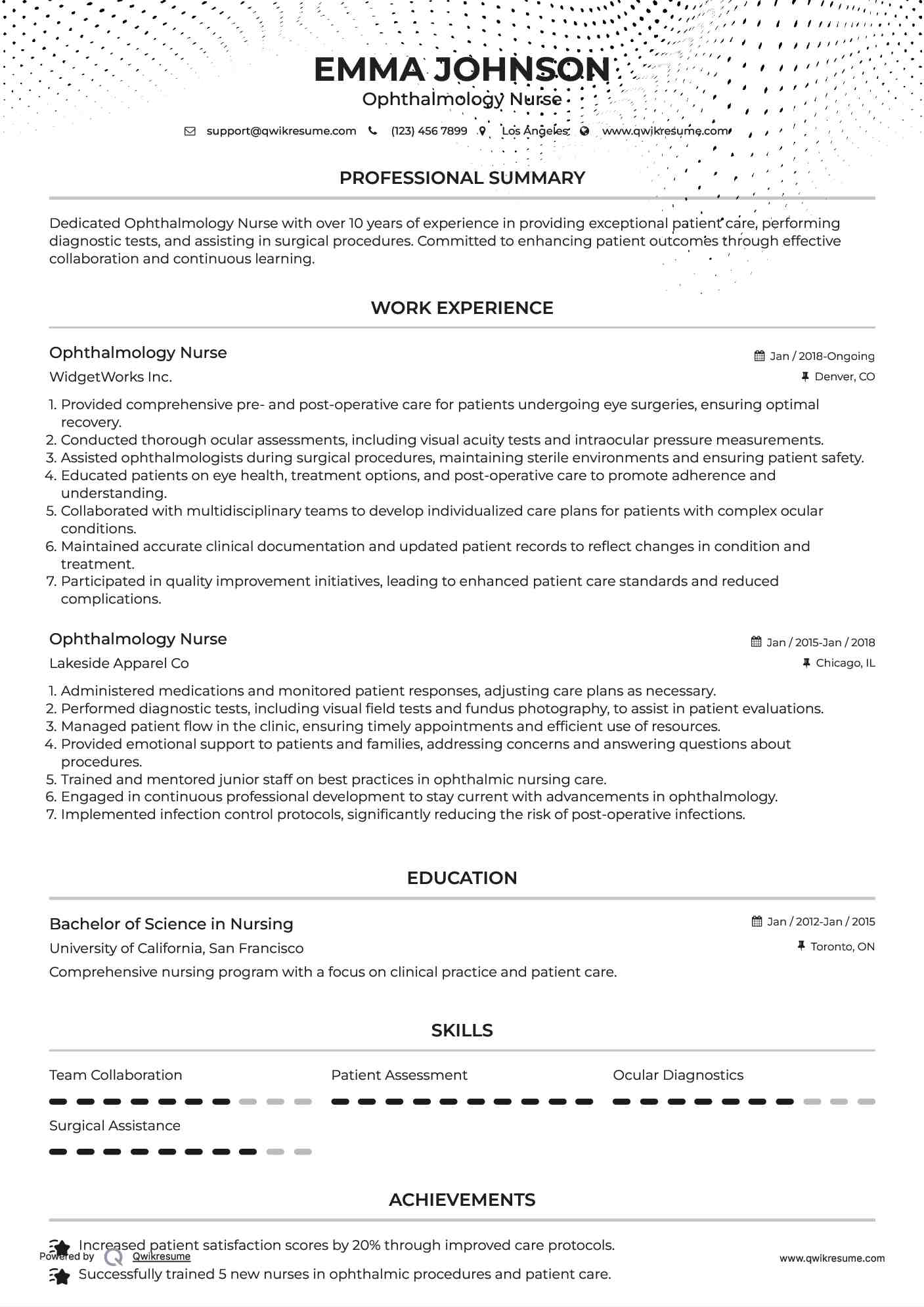 Ophthalmology Nurse Resume Model
