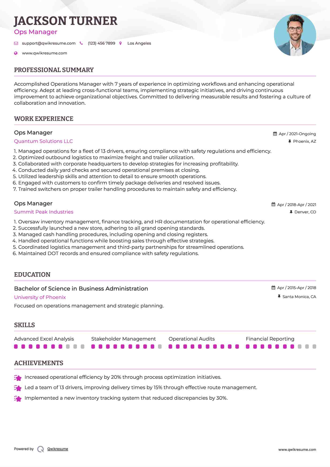 Ops Manager Resume Sample