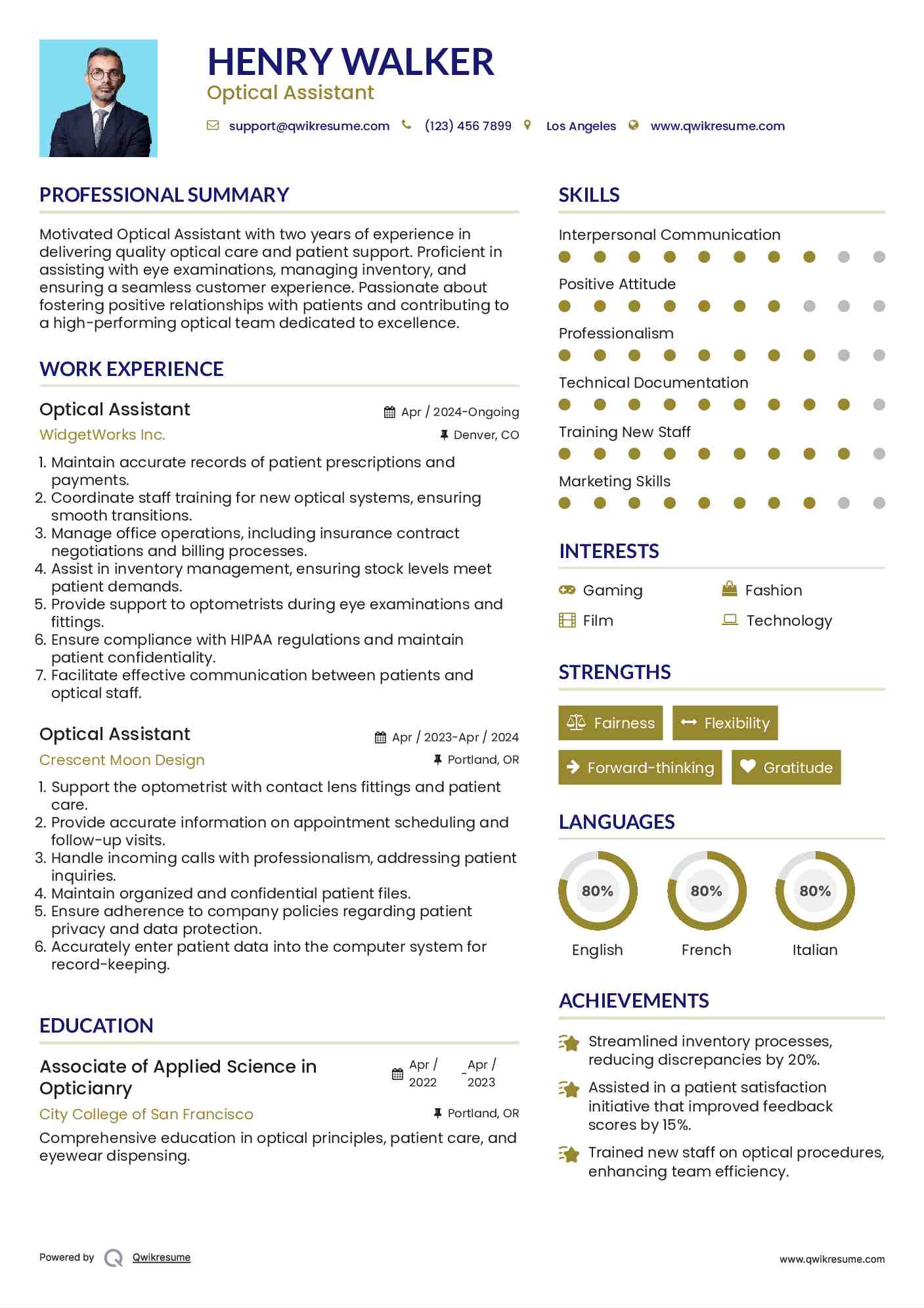 Optical Assistant Resume Template