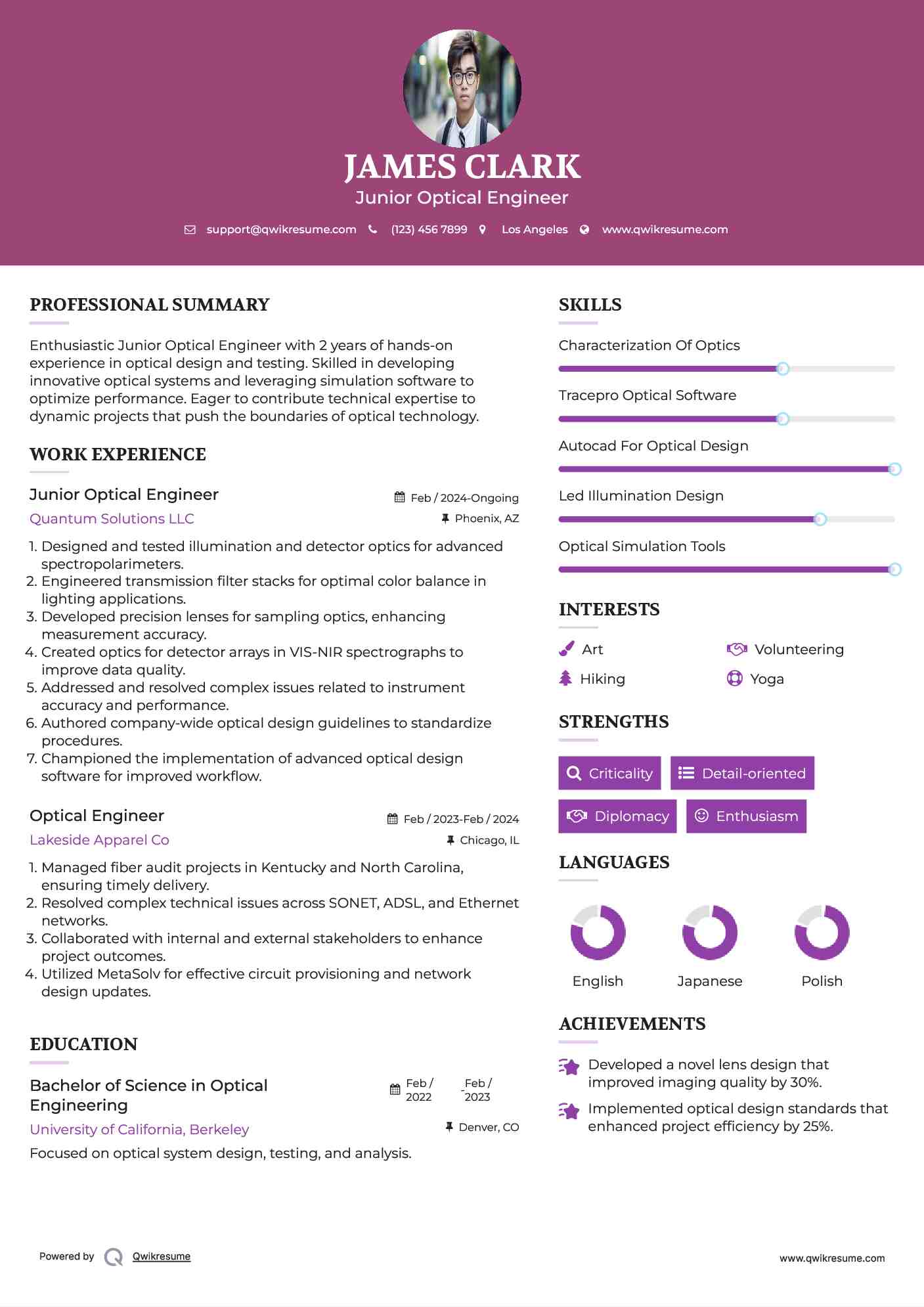Optical Engineer Resume Samples QwikResume