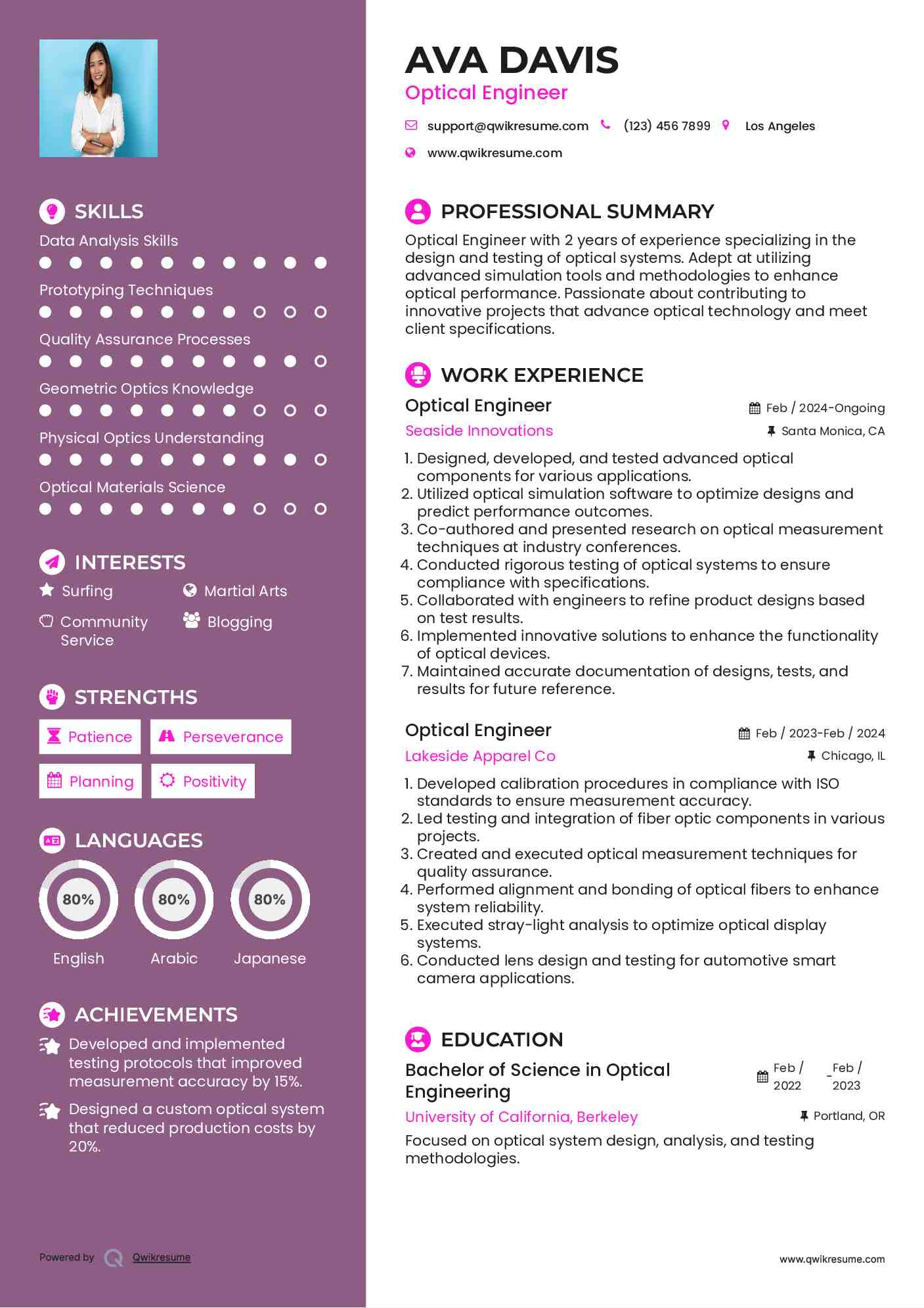 Optical Engineer Resume Samples QwikResume