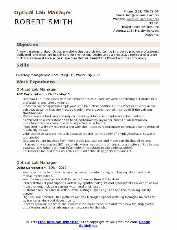 Optical Lab Manager Resume Samples QwikResume