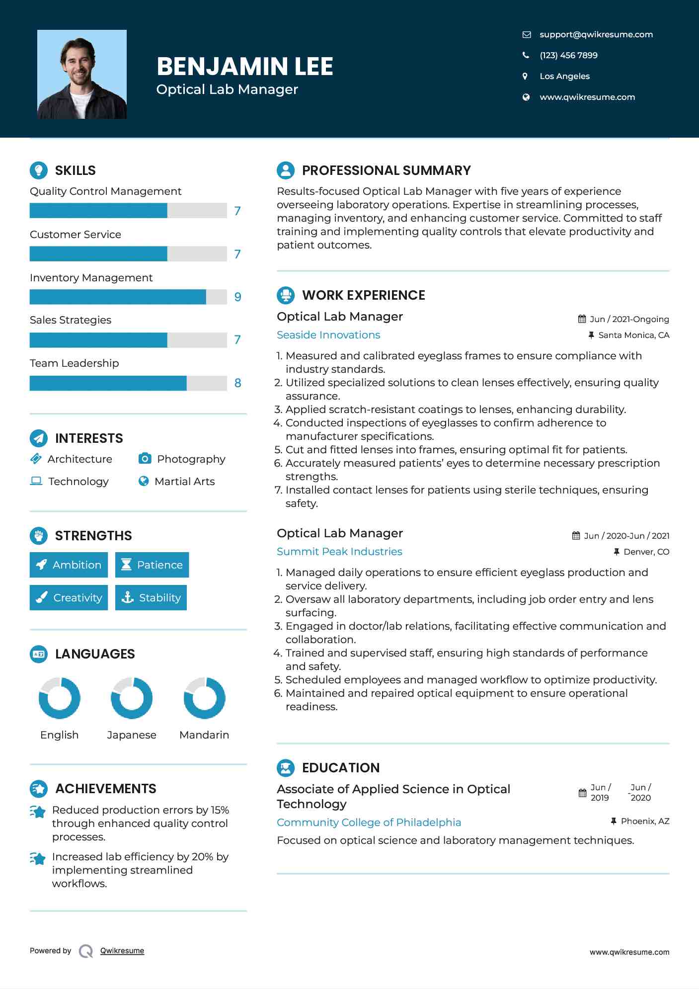 Optical Lab Manager Resume Example