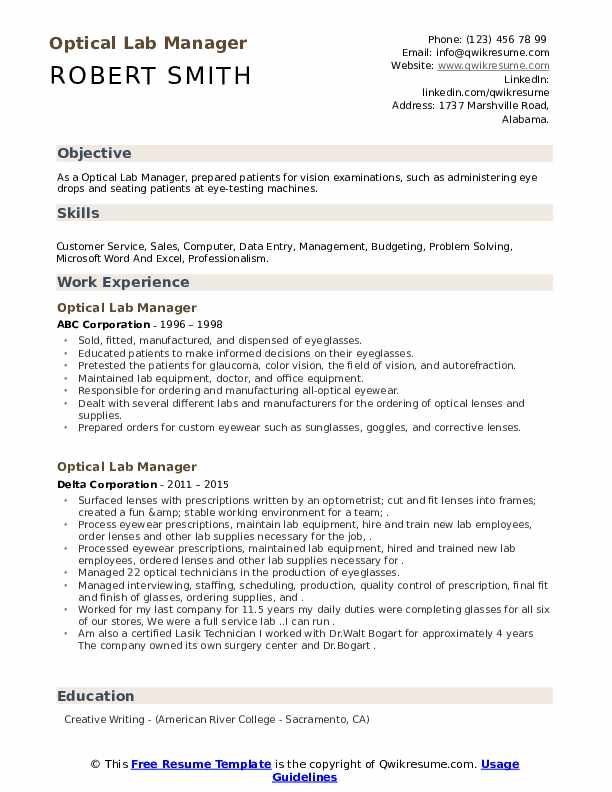 Optical Lab Manager Resume Samples QwikResume