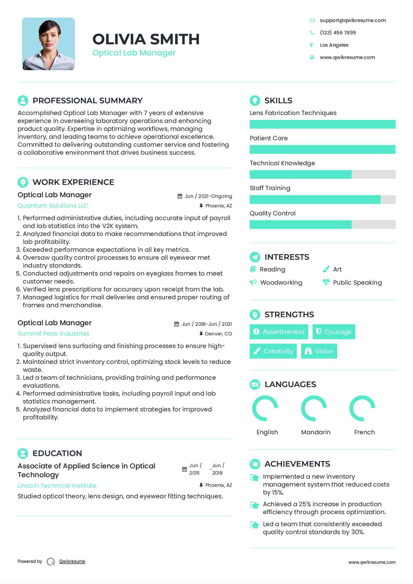 Optical Lab Manager Resume Example