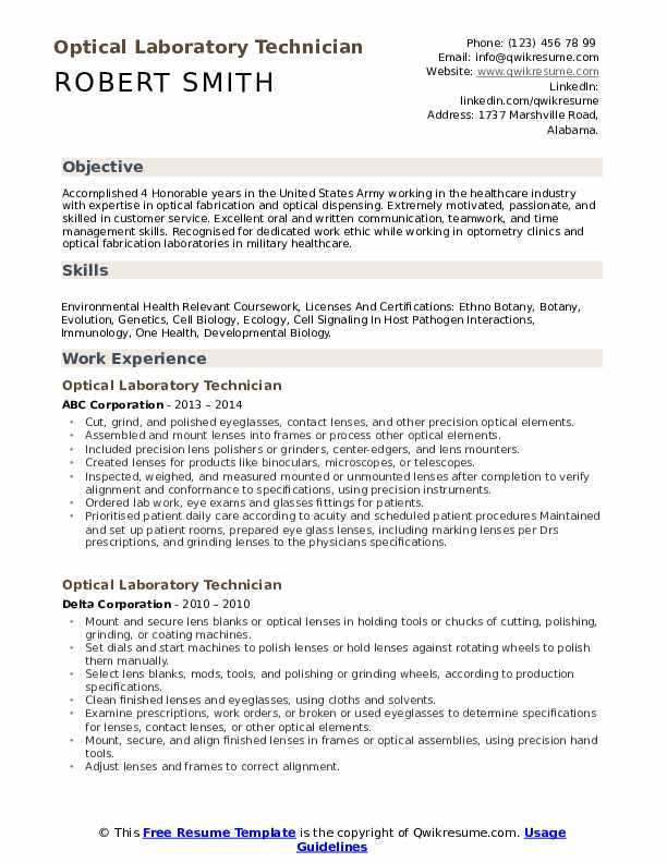 Optical Laboratory Technician Resume Samples QwikResume
