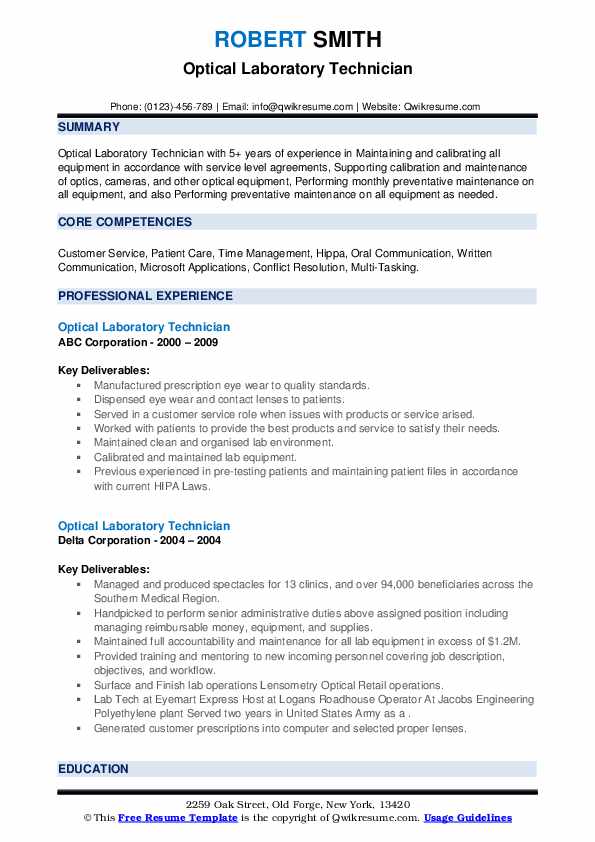 Optical Laboratory Technician Resume Samples QwikResume