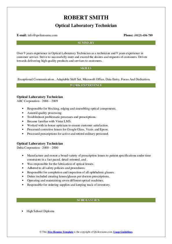 Optical Laboratory Technician Resume Samples QwikResume