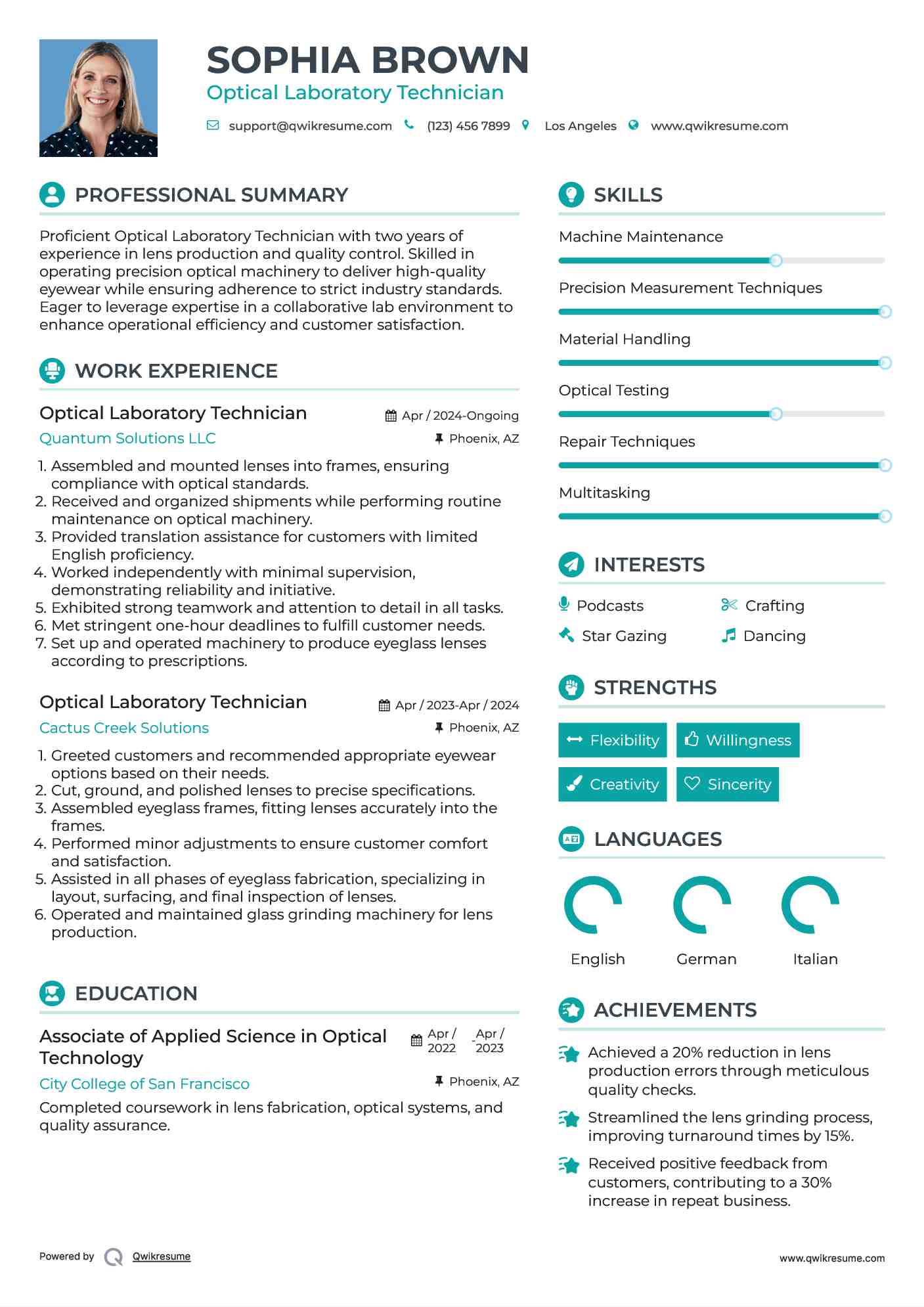 Optical Laboratory Technician Resume Samples QwikResume