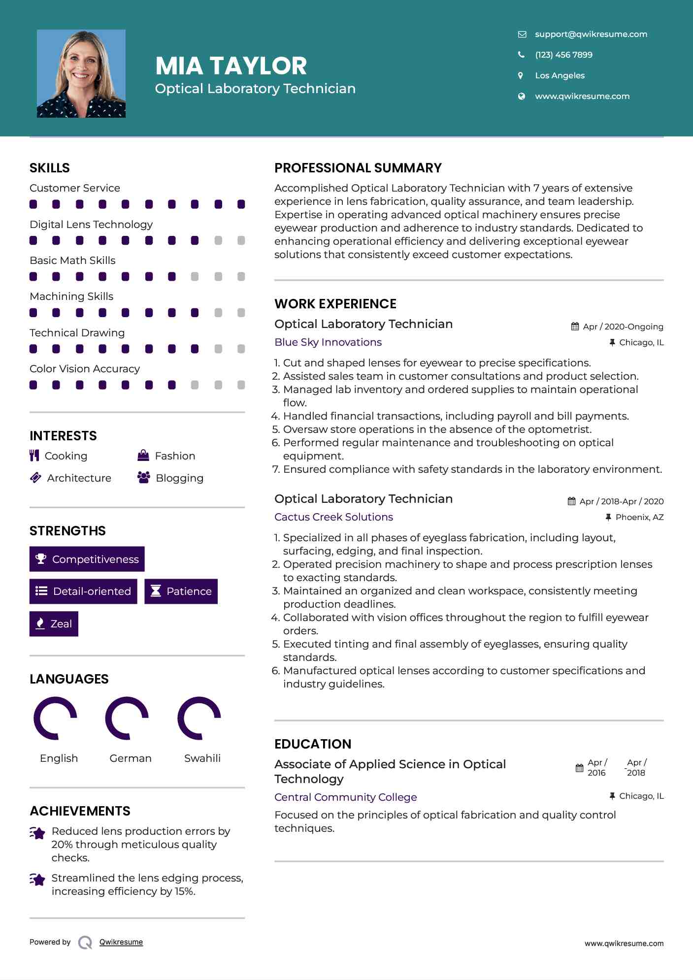 Optical Laboratory Technician Resume Samples QwikResume
