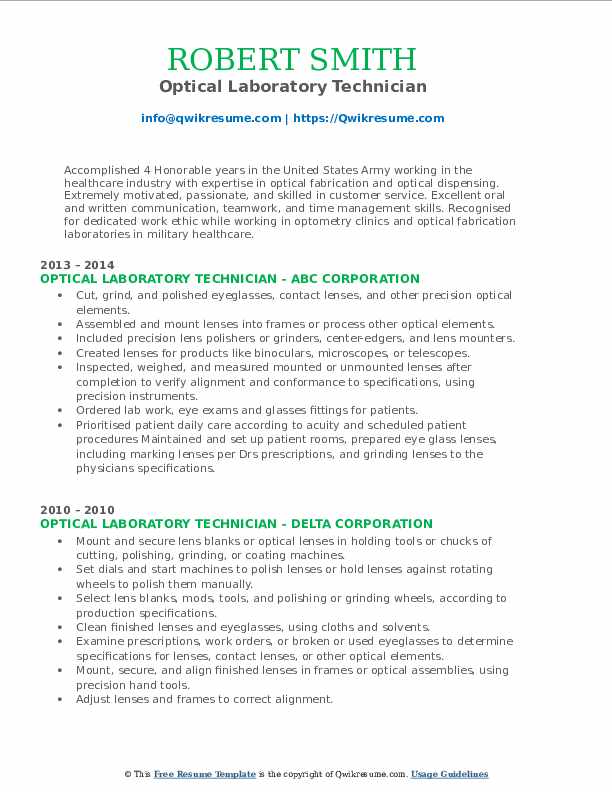 Optical Laboratory Technician Resume Samples QwikResume