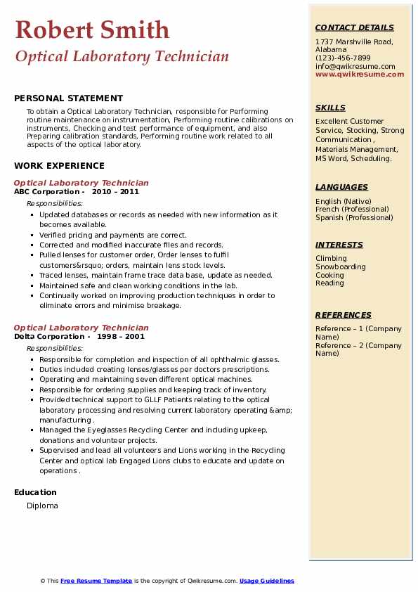 Optical Laboratory Technician Resume Samples QwikResume