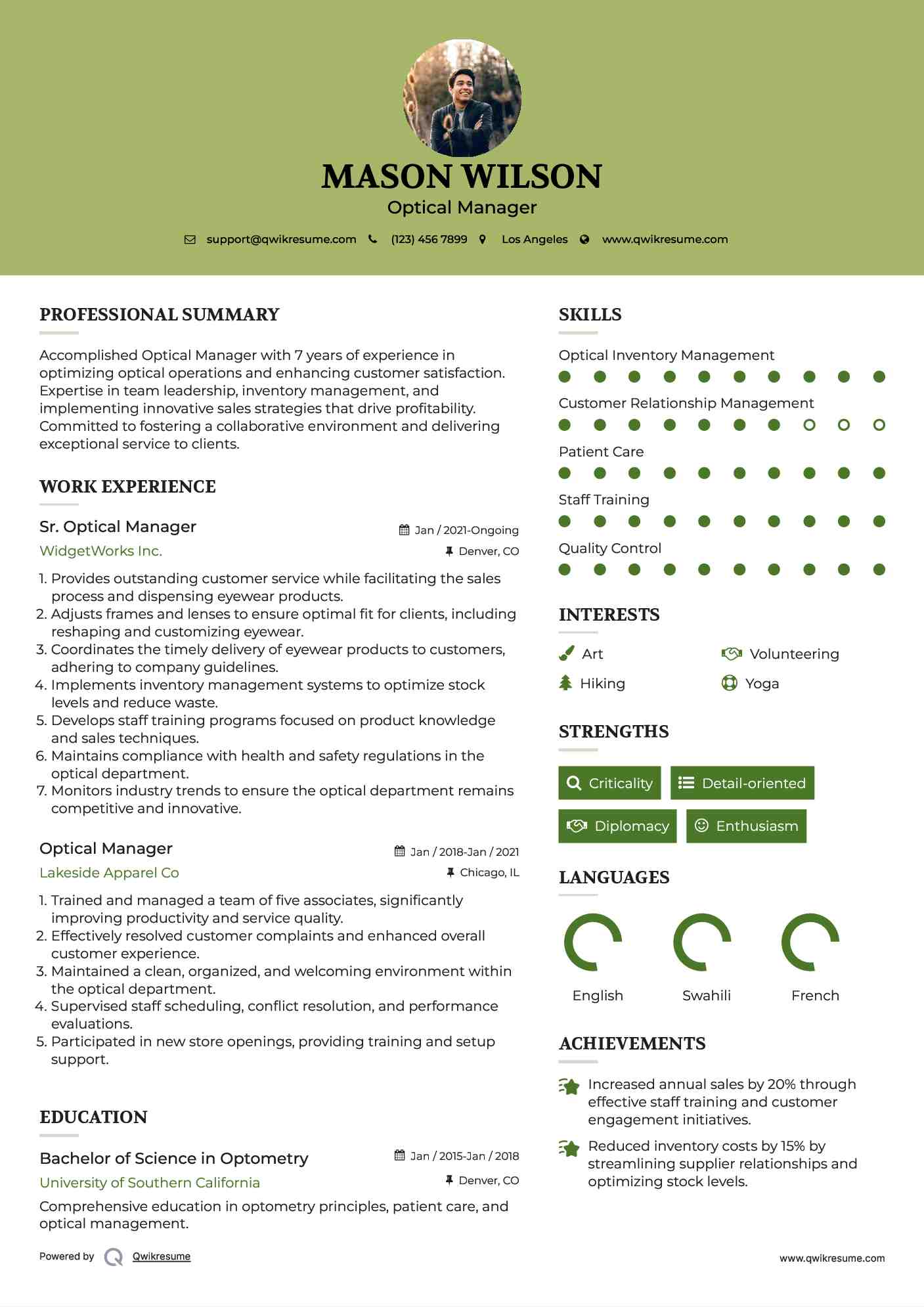 Optical Manager Resume Samples QwikResume