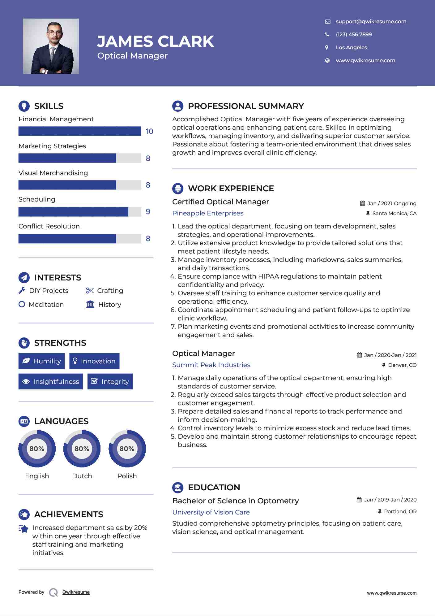 Optical Manager Resume Samples QwikResume