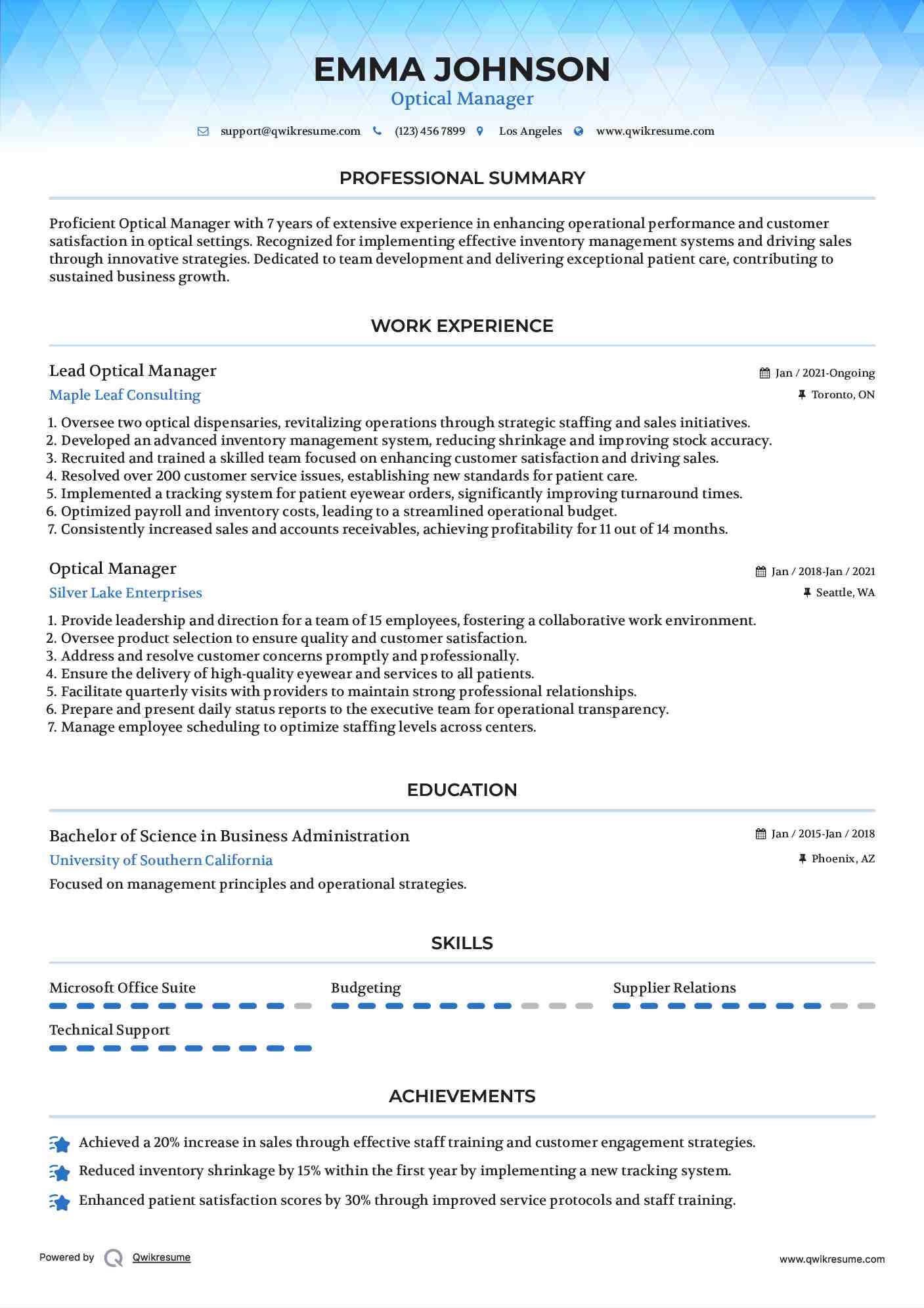 Optical Manager Resume Samples QwikResume