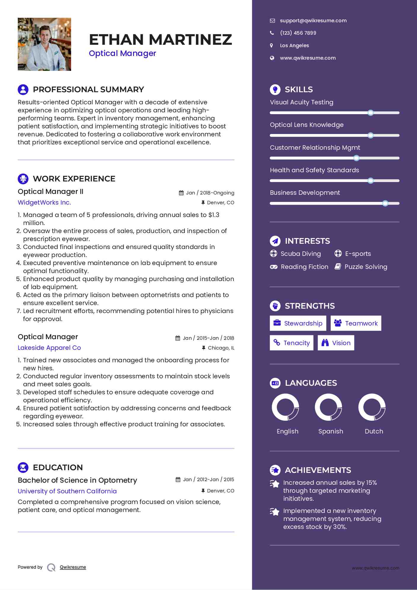 Optical Manager Resume Samples QwikResume