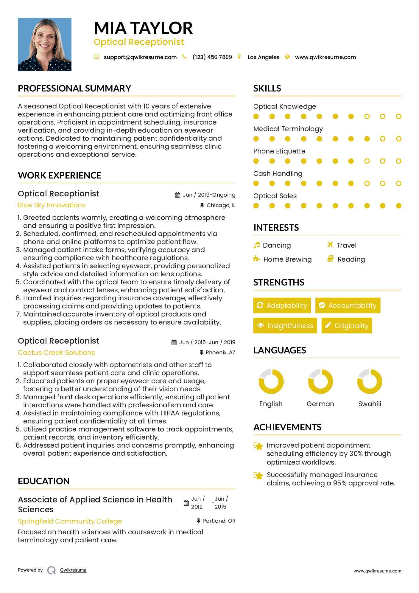 Optical Receptionist Resume Model