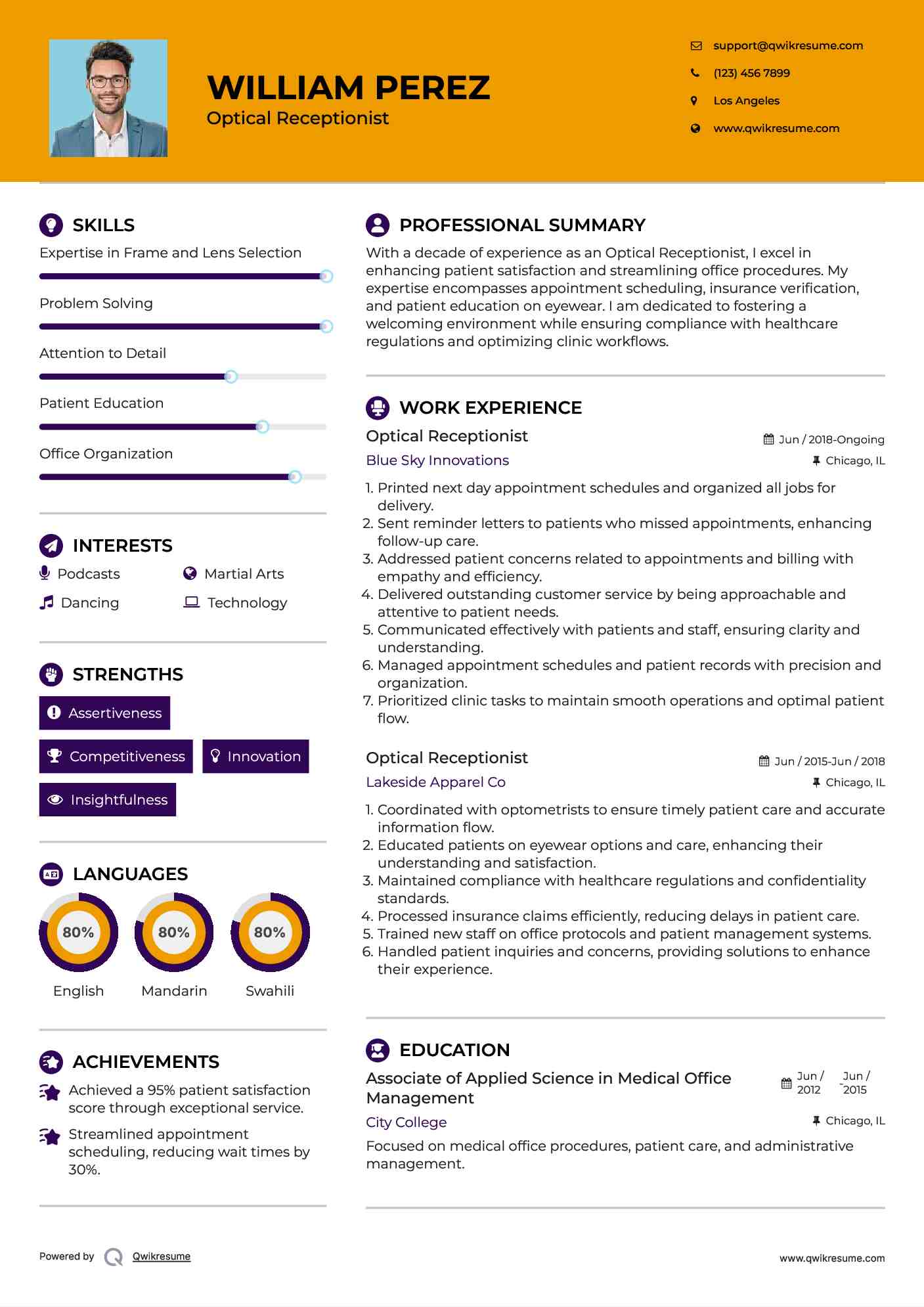 Optical Receptionist Resume Sample