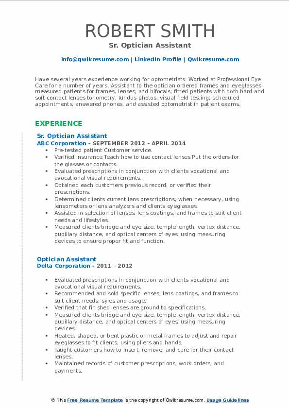 Optician Assistant Resume Samples | QwikResume