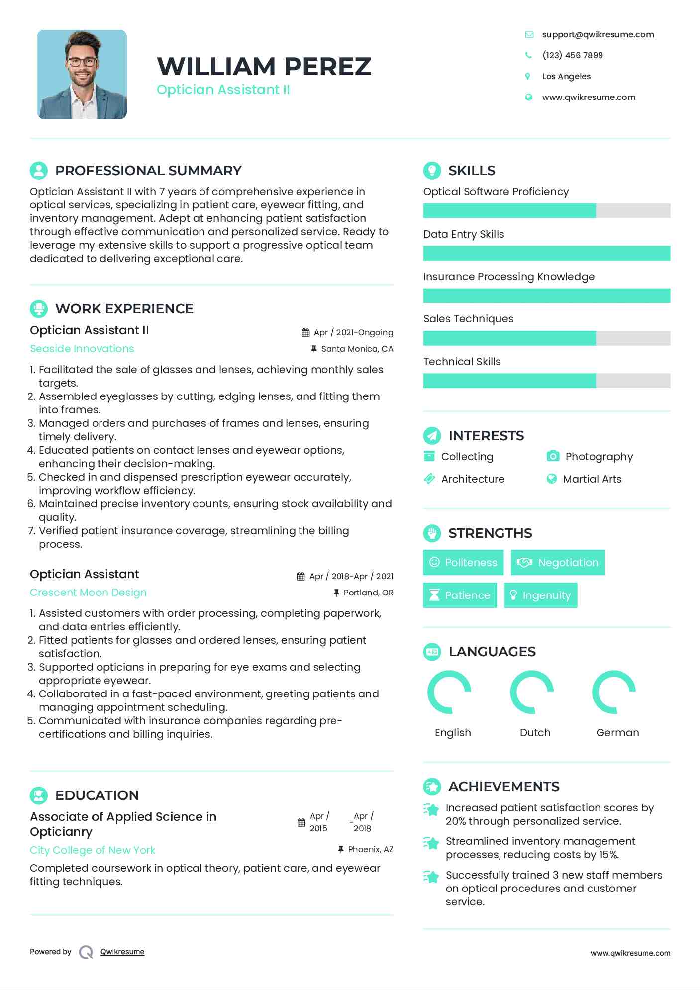 Optician Assistant II Resume Example
