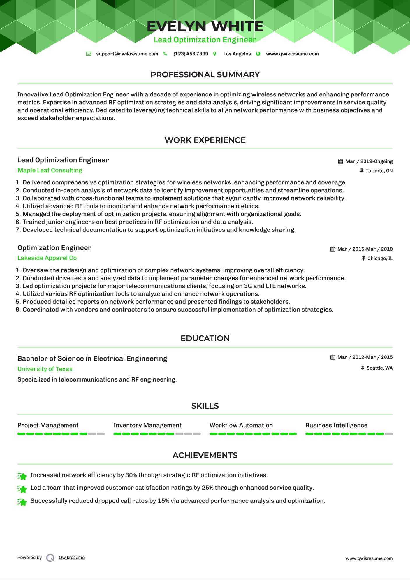 Lead Optimization Engineer Resume Example