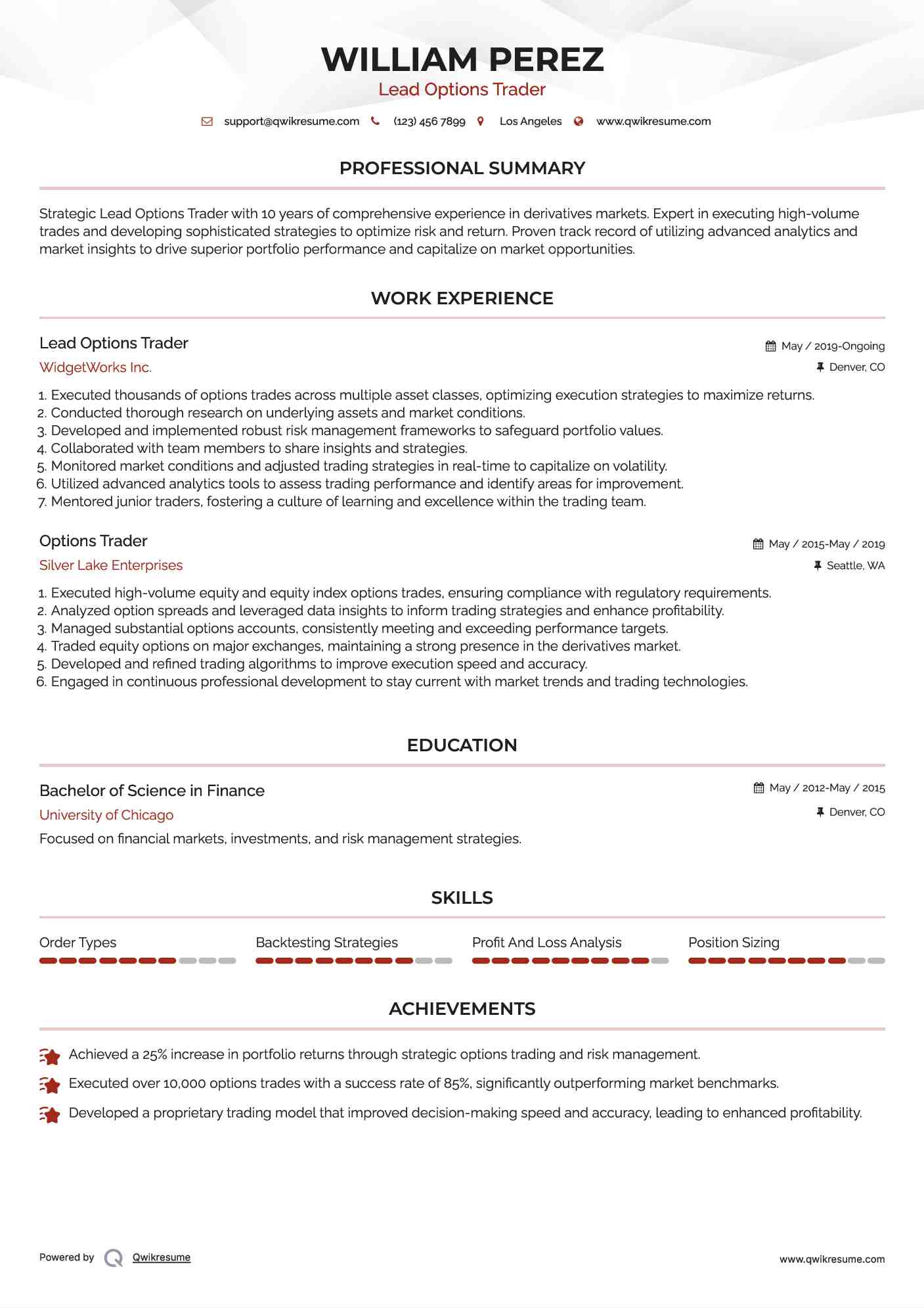 Lead Options Trader Resume Example
