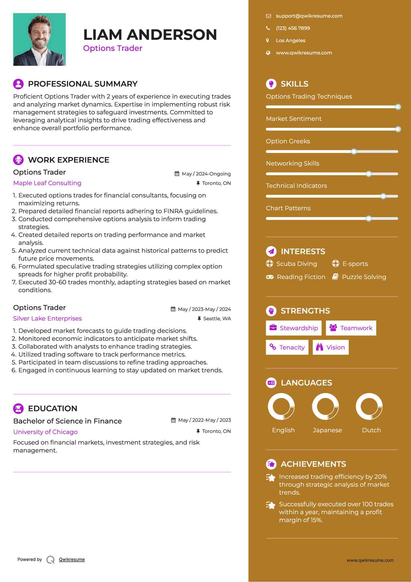 Options Trader Resume Sample