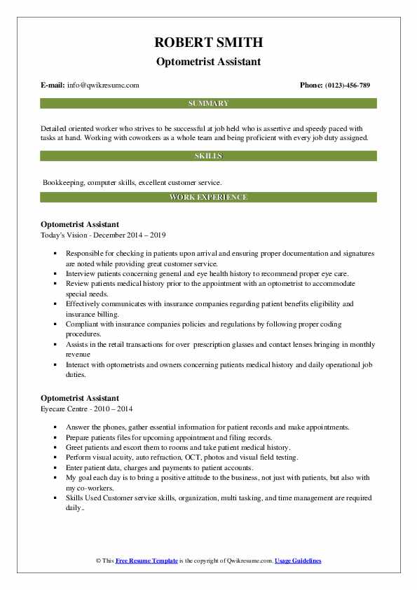 Optometrist Assistant Resume Samples QwikResume