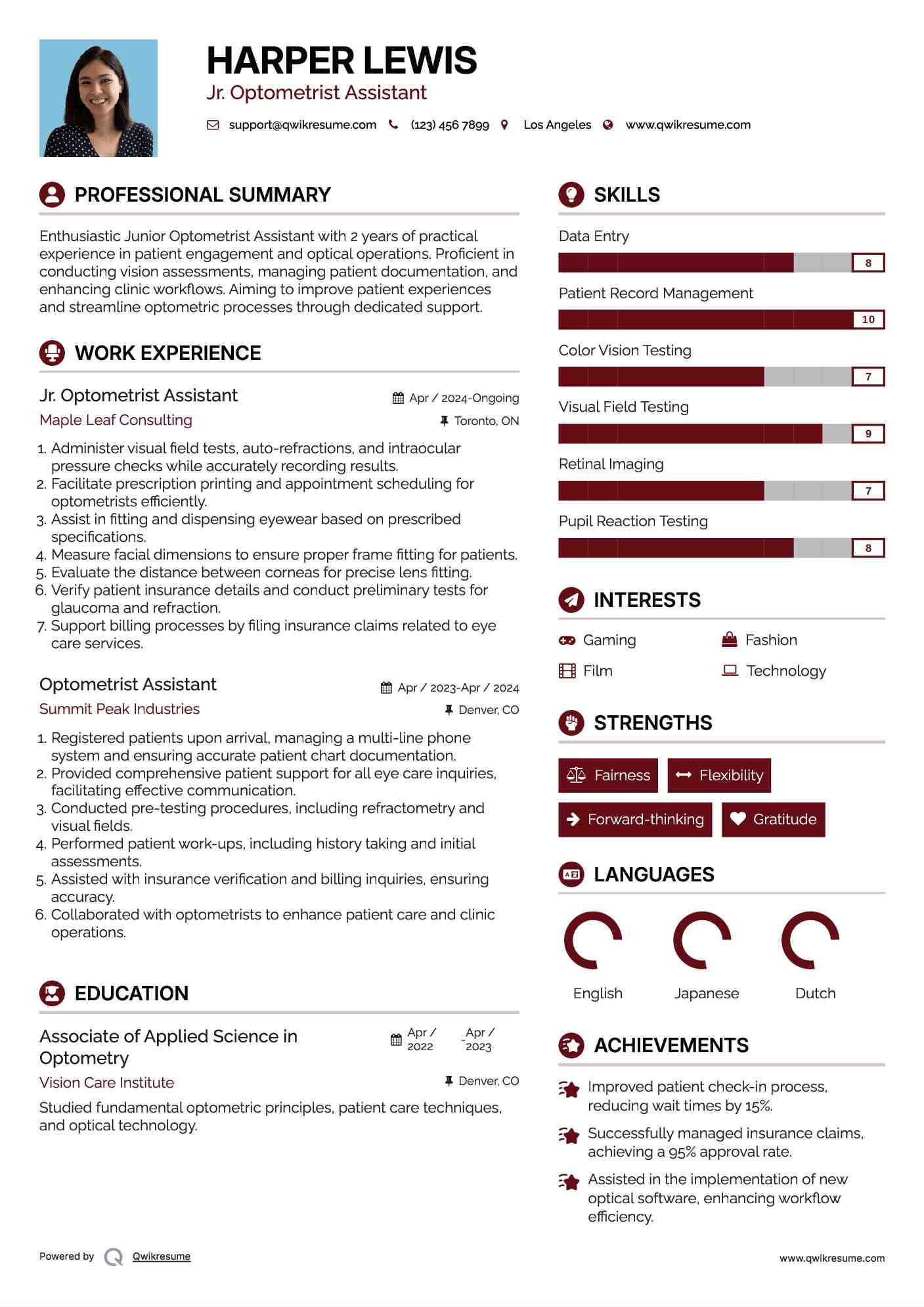 Jr. Optometrist Assistant Resume Template