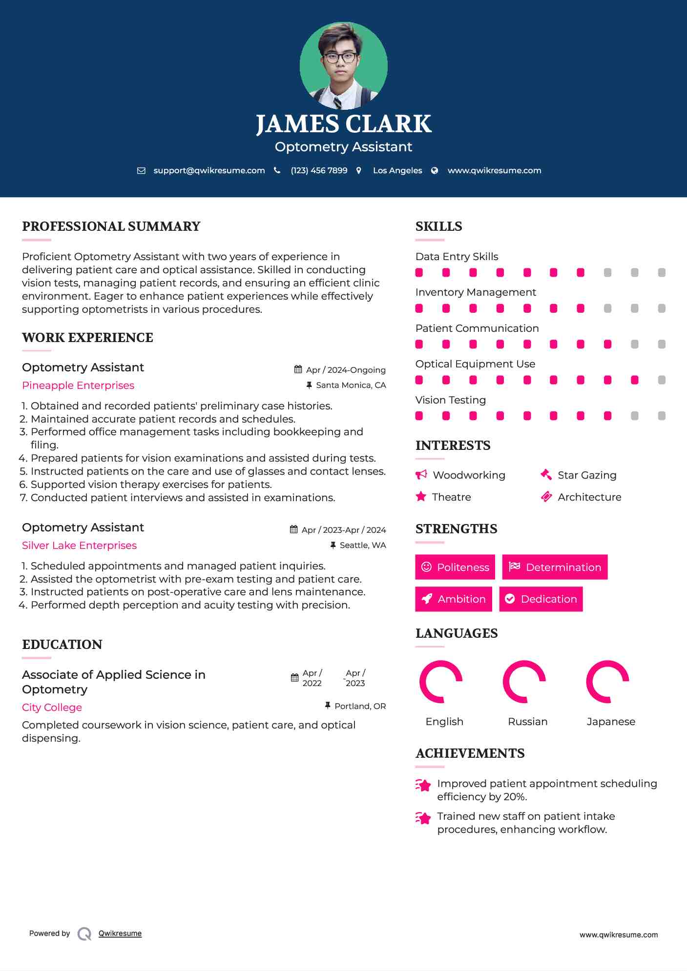 Optometry Assistant Resume Example