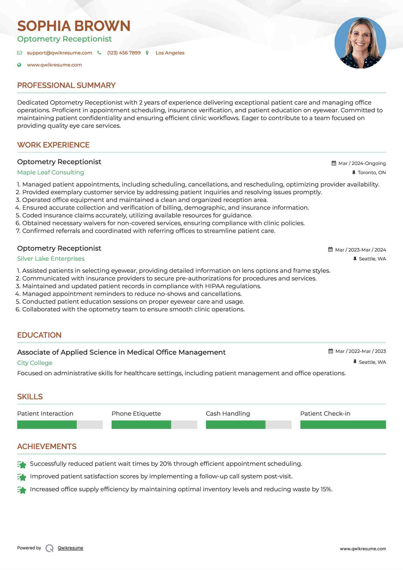 Optometry Receptionist Resume Template