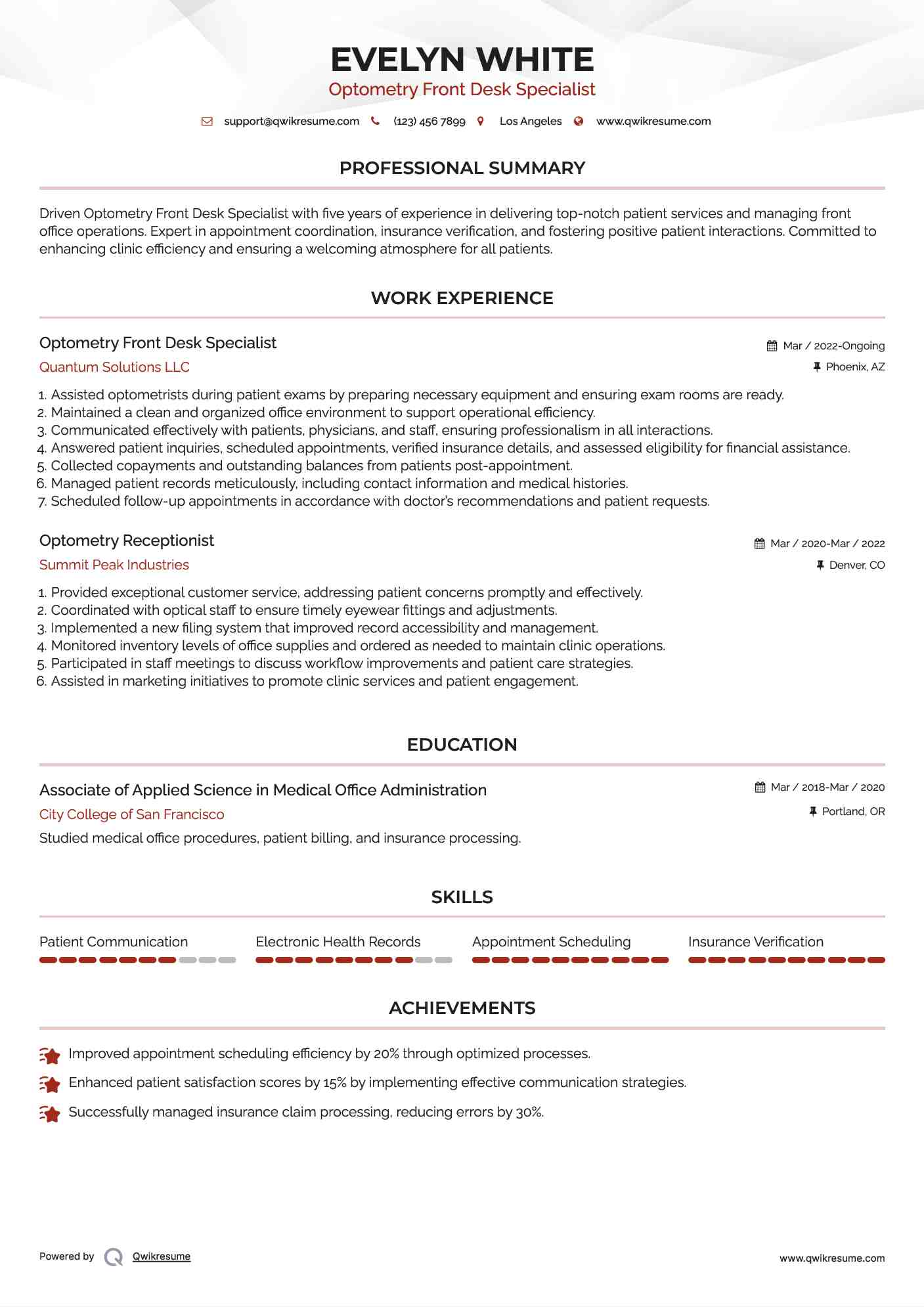 Optometry Front Desk Specialist Resume Example