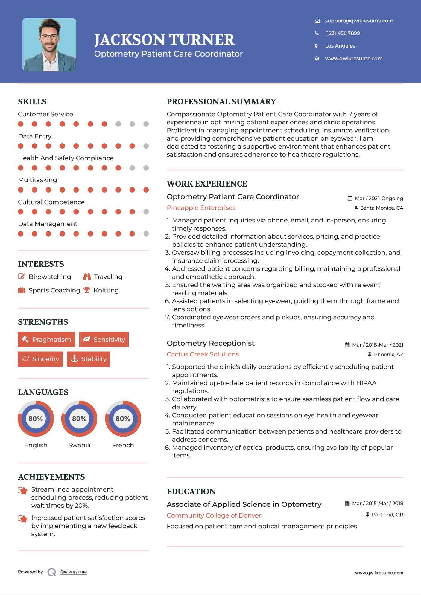 Optometry Patient Care Coordinator Resume Example