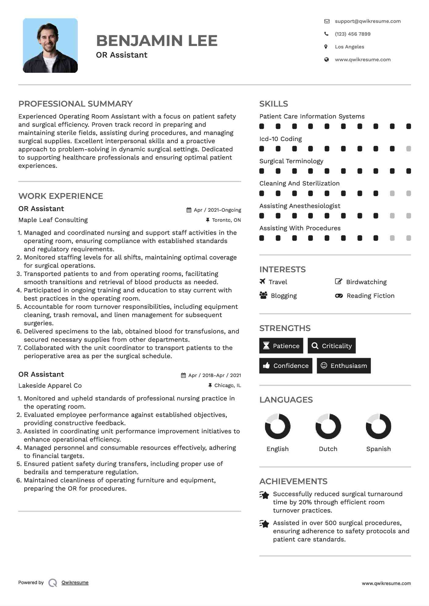 OR Assistant Resume Sample
