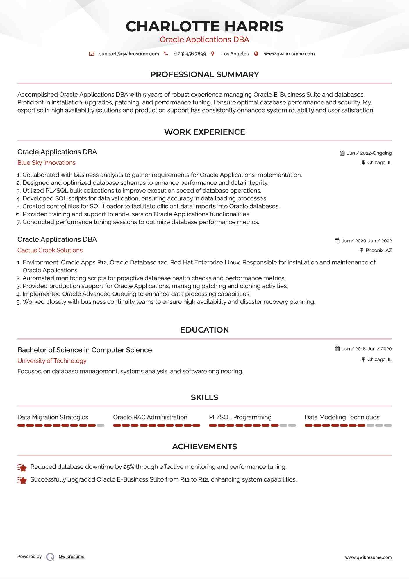 Oracle Applications DBA Resume Example