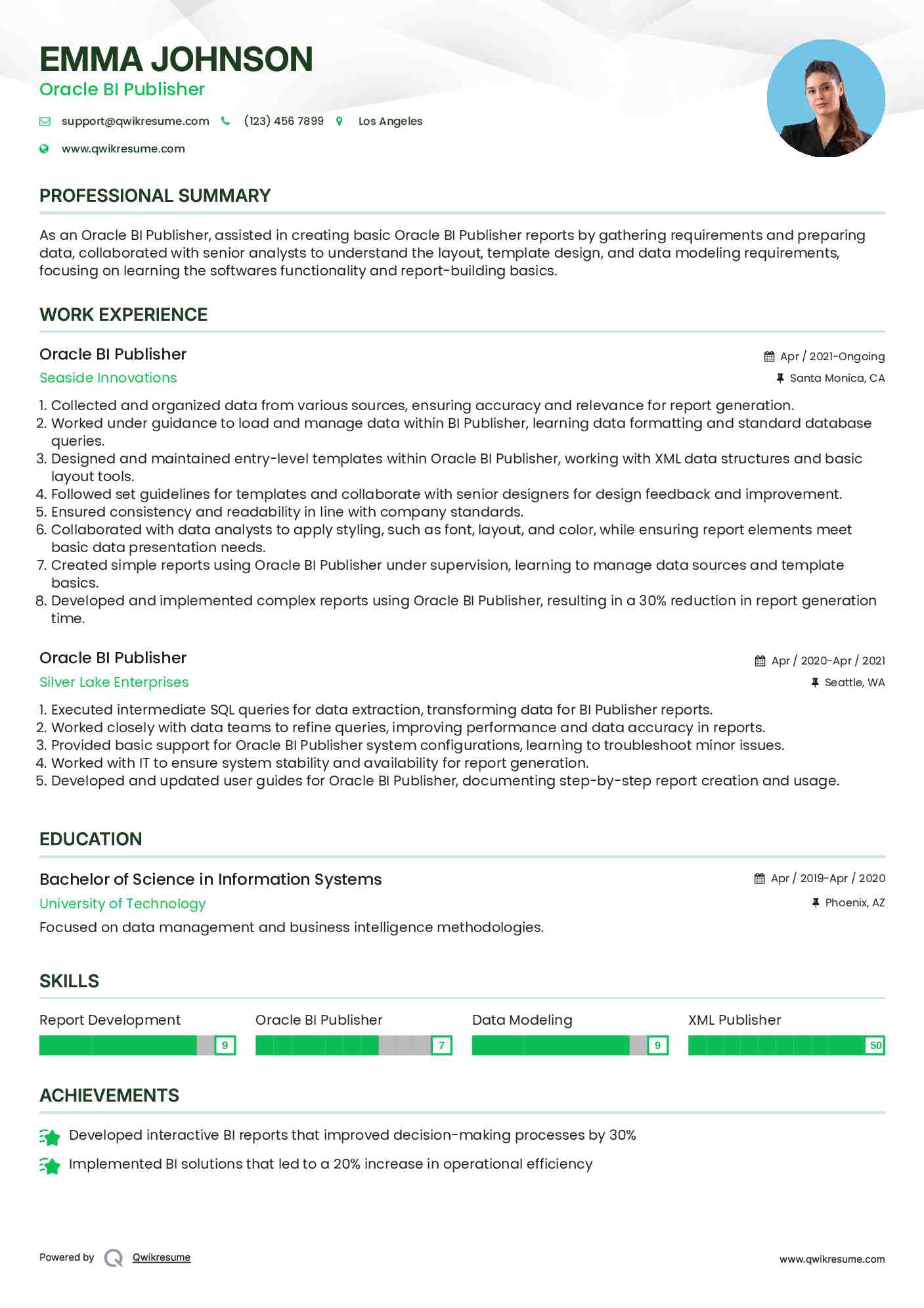 Oracle BI Publisher Resume Sample