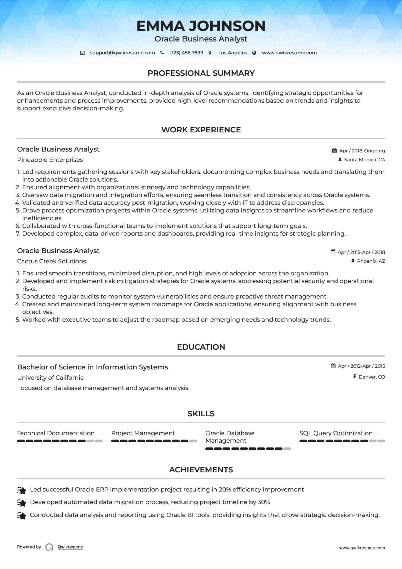 Oracle Business Analyst Resume Format