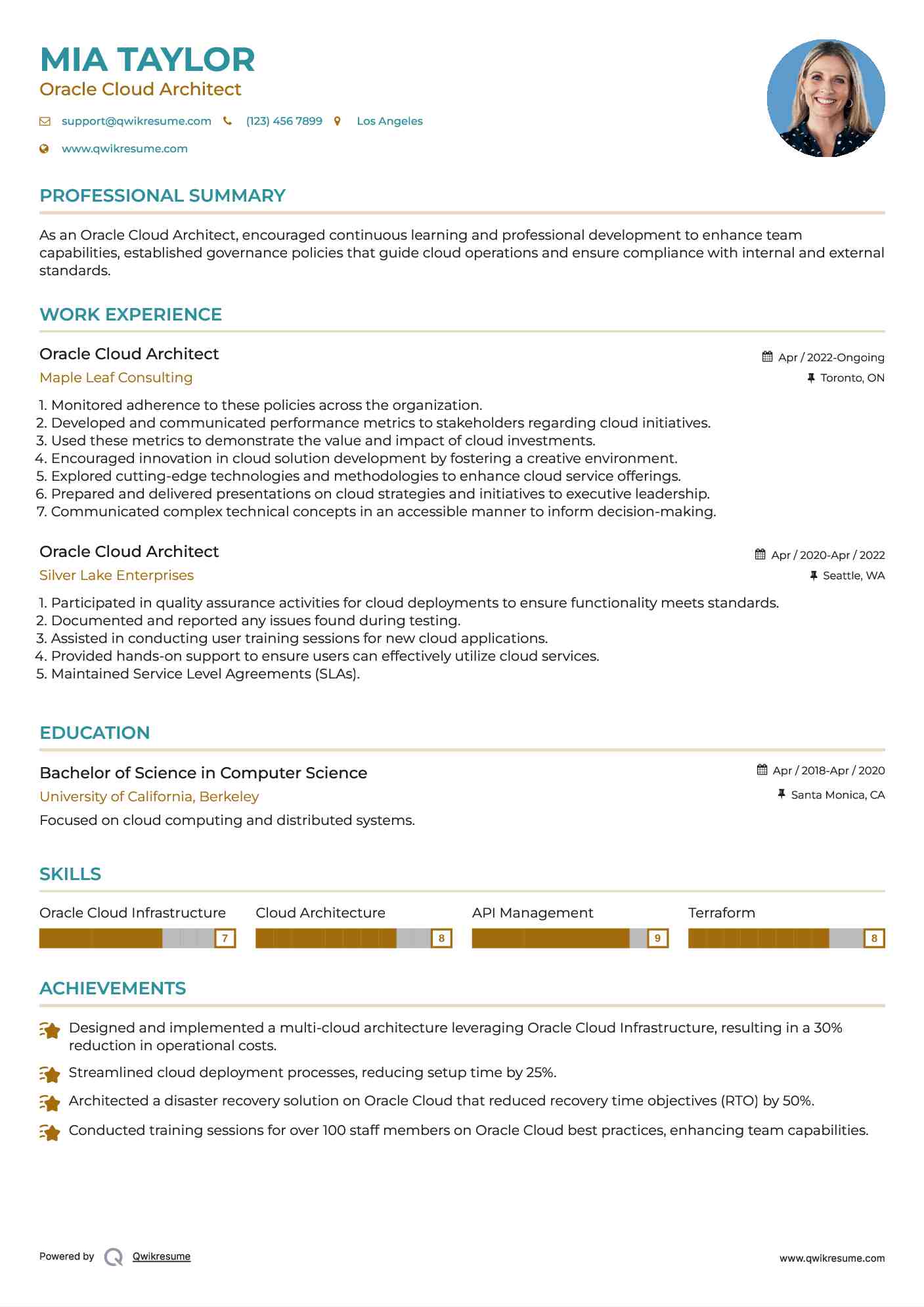 Oracle Cloud Architect Resume Sample