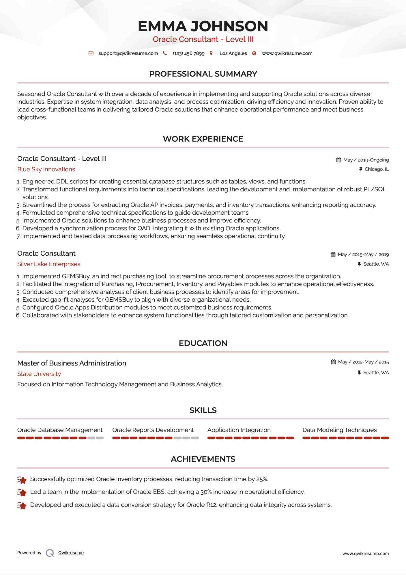 Oracle Consultant - Level III Resume Template
