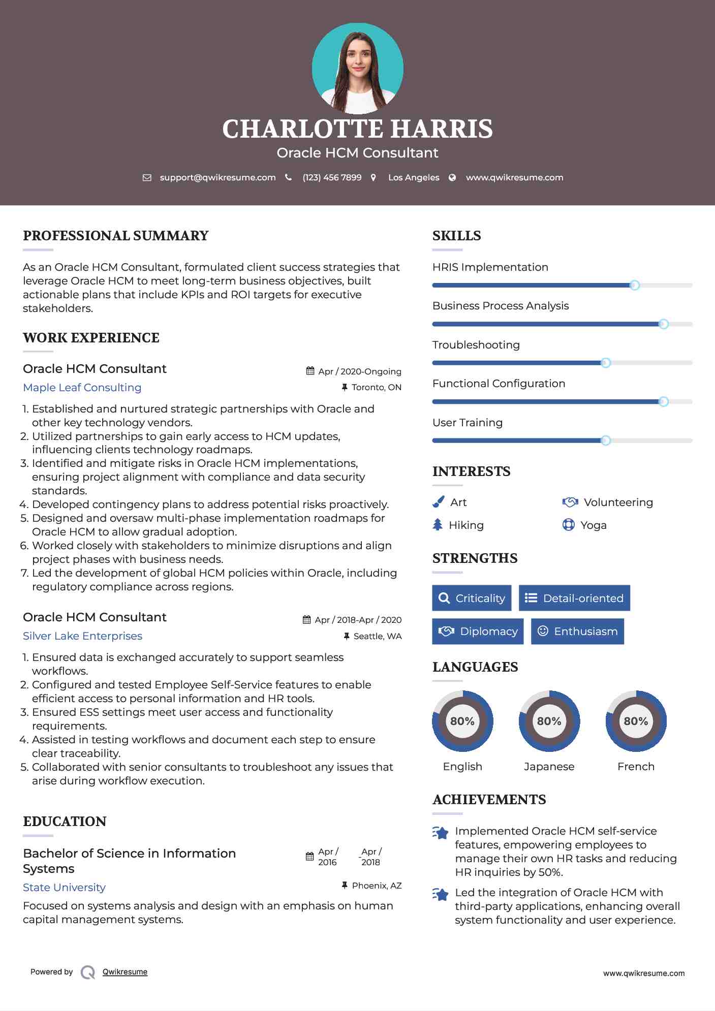 Oracle HCM Consultant Resume Example