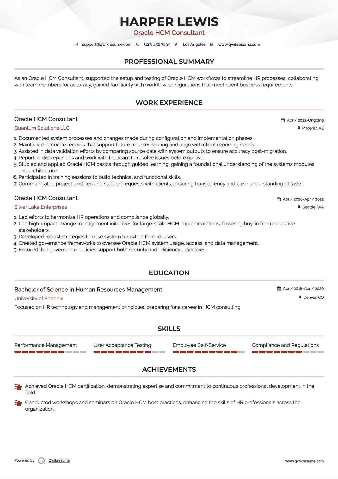 Oracle HCM Consultant Resume Model