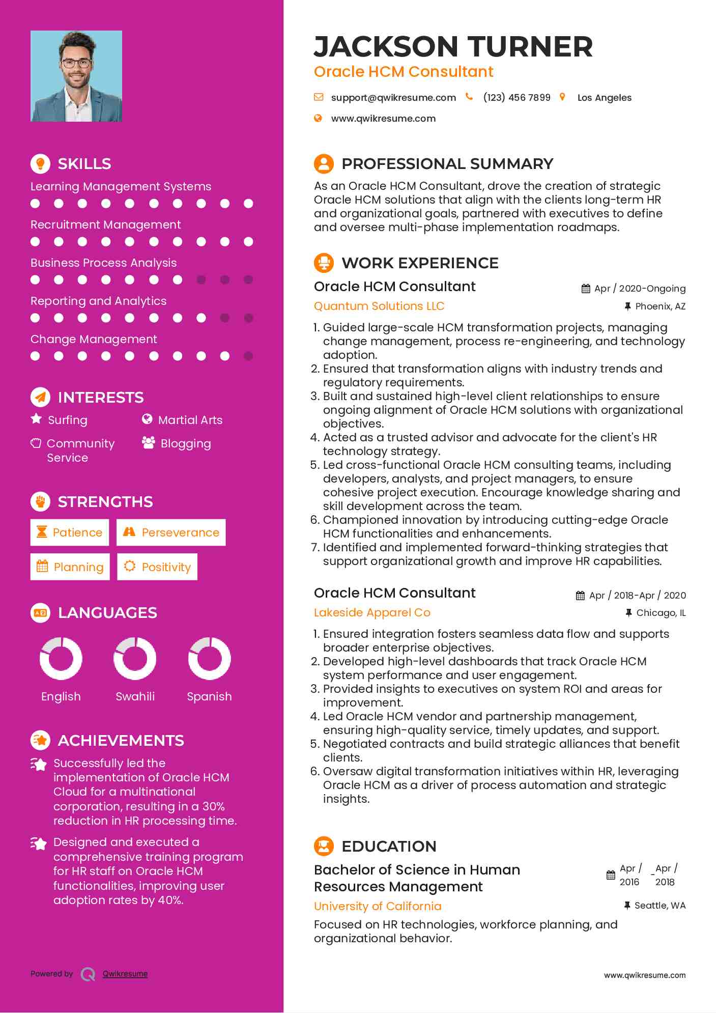 Oracle HCM Consultant Resume Example