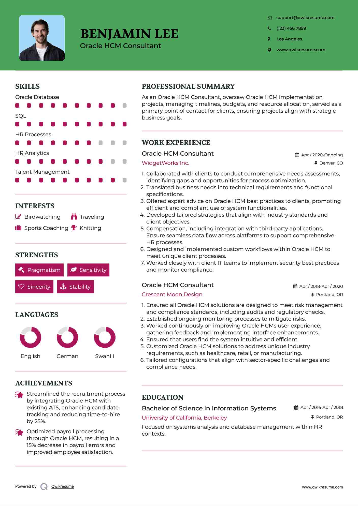 Oracle HCM Consultant Resume Example