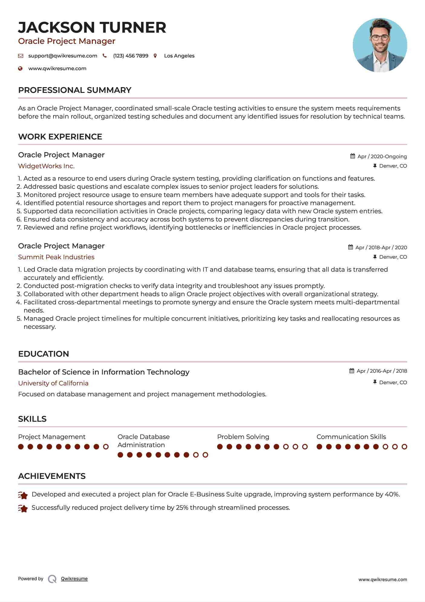 Oracle Project Manager Resume Sample