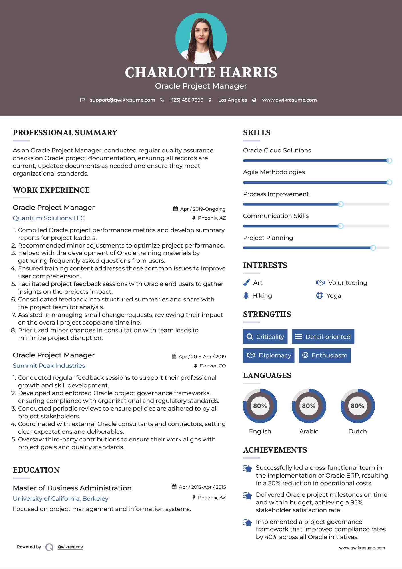 Oracle Project Manager Resume Model