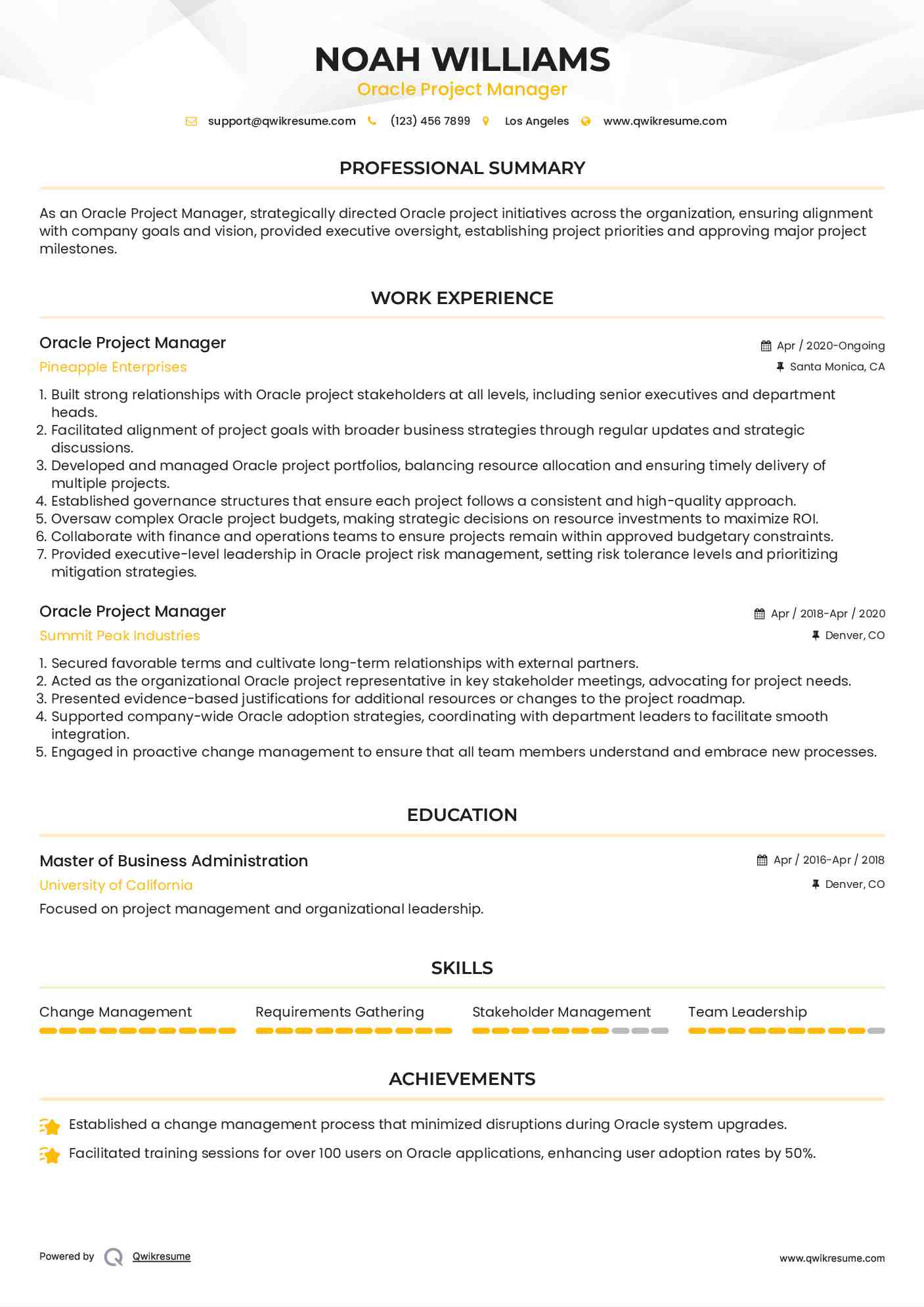 Oracle Project Manager Resume Template