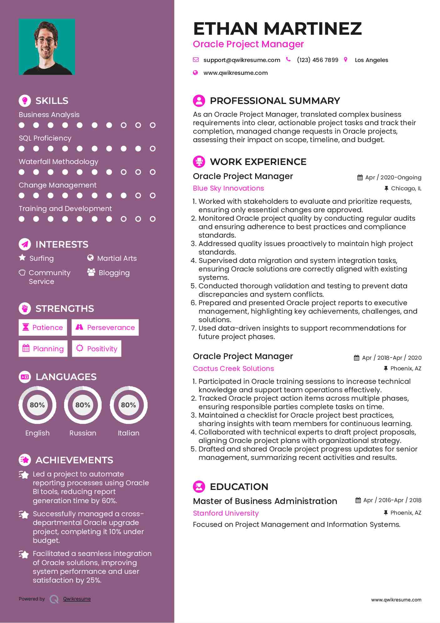 Oracle Project Manager Resume Example