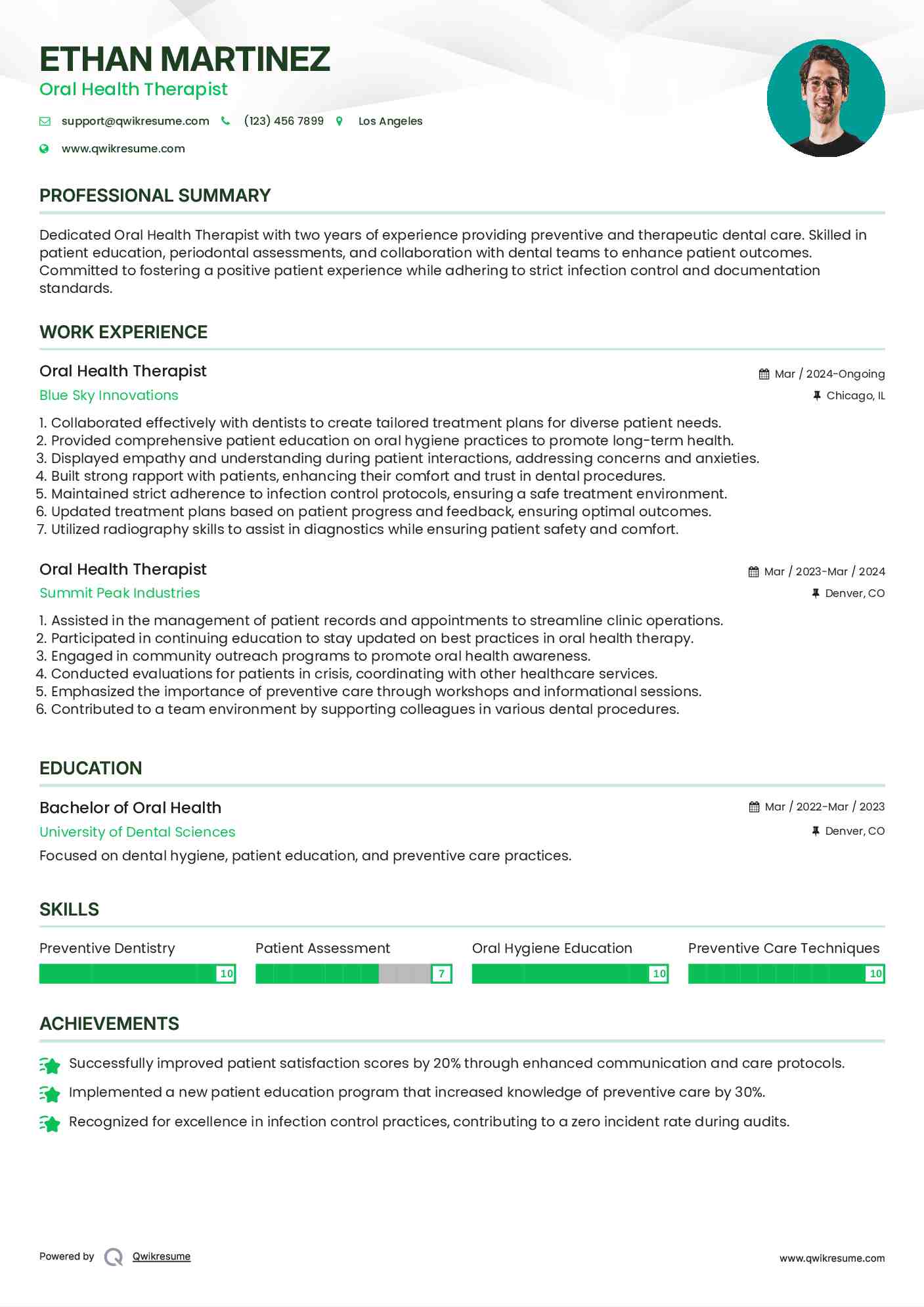 Oral Health Therapist Resume Model