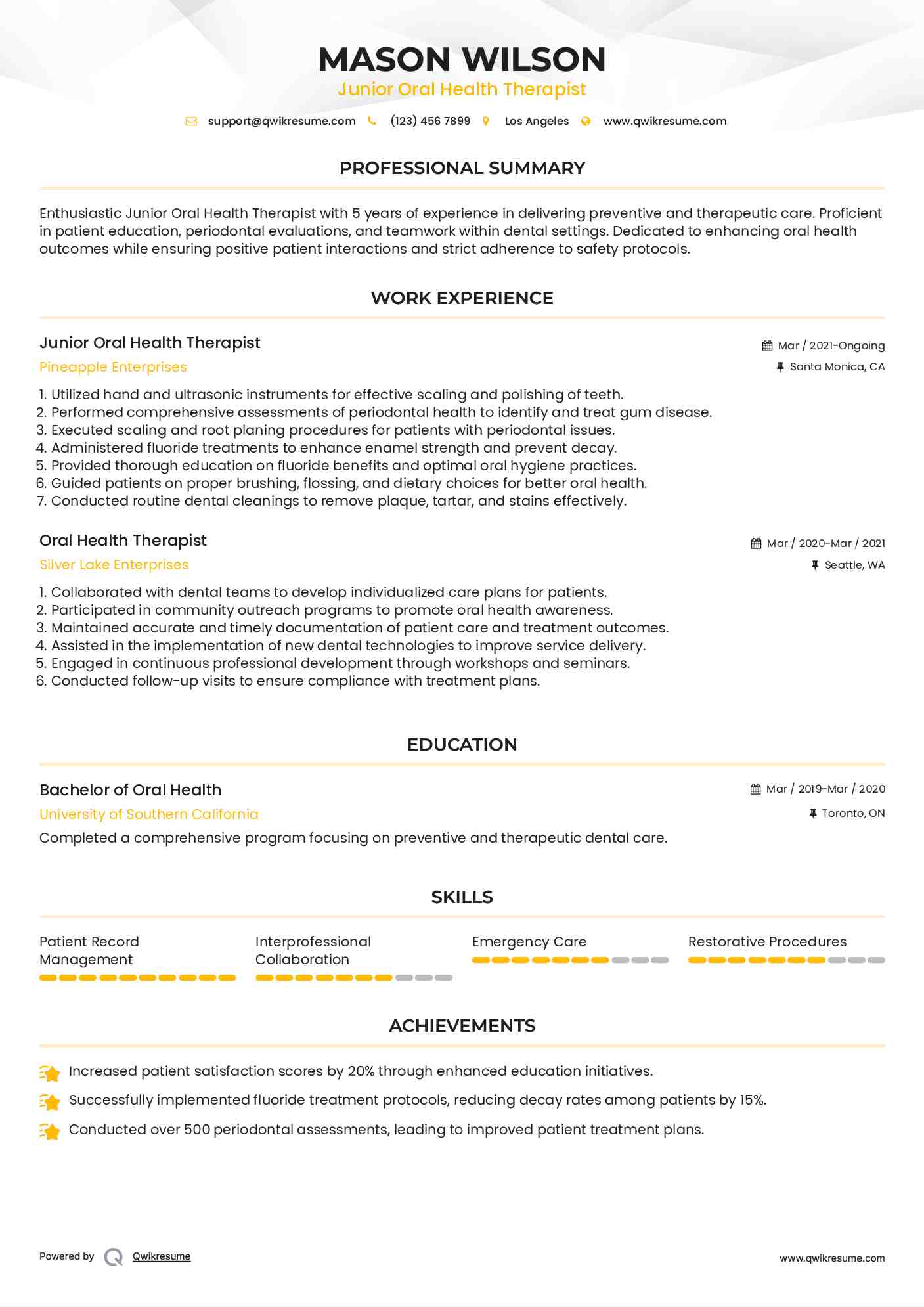 Junior Oral Health Therapist Resume Template